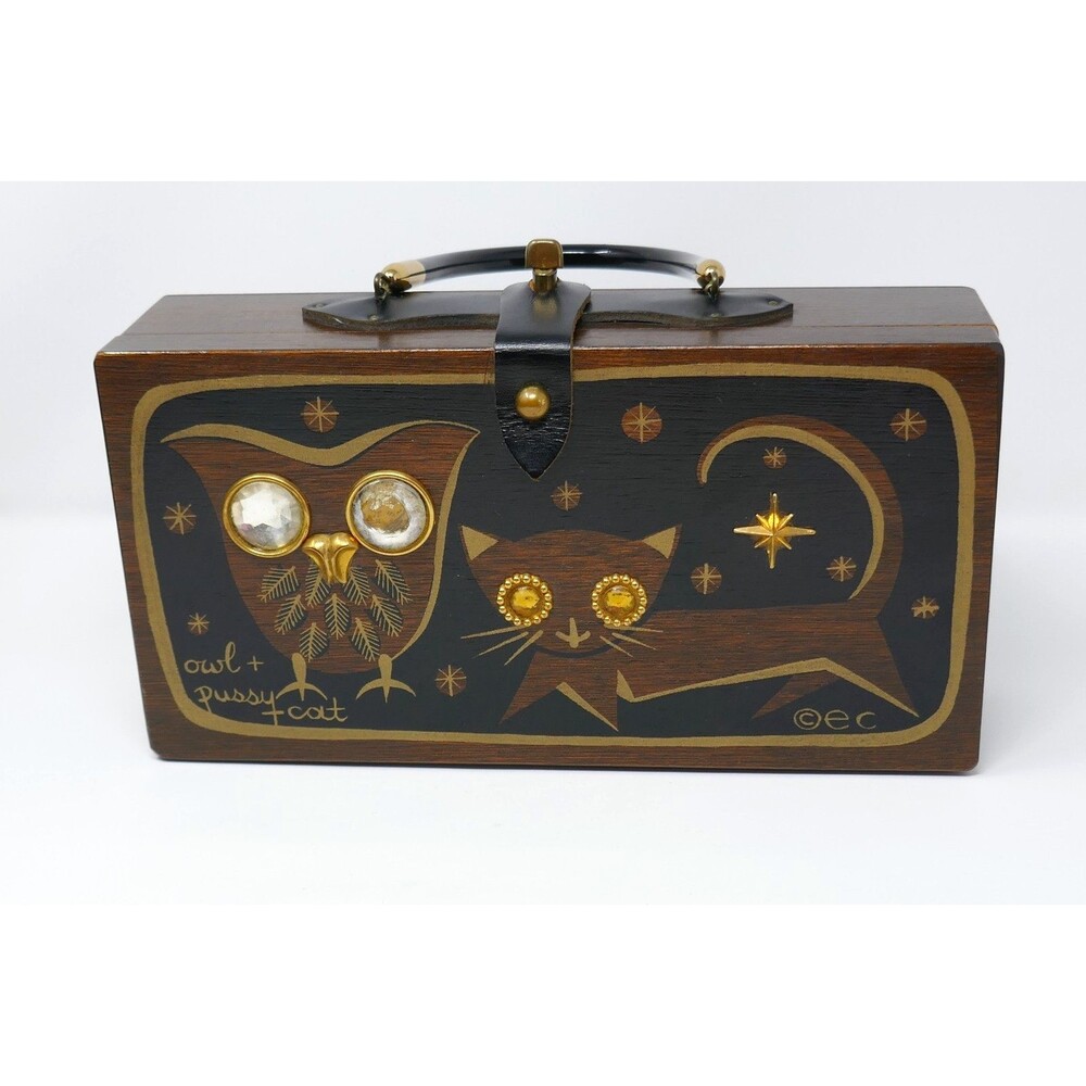 Enid Collins of Texas 1965 Vintage Owl & Cat Jeweled Wood Box Purse Bag